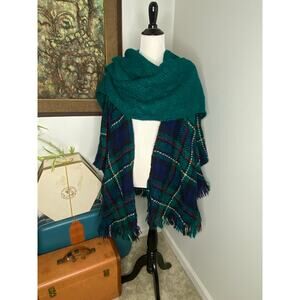Boyne Valley Weavers Handcrafted Ireland Wool Blend Plaid Poncho Wrap One Size